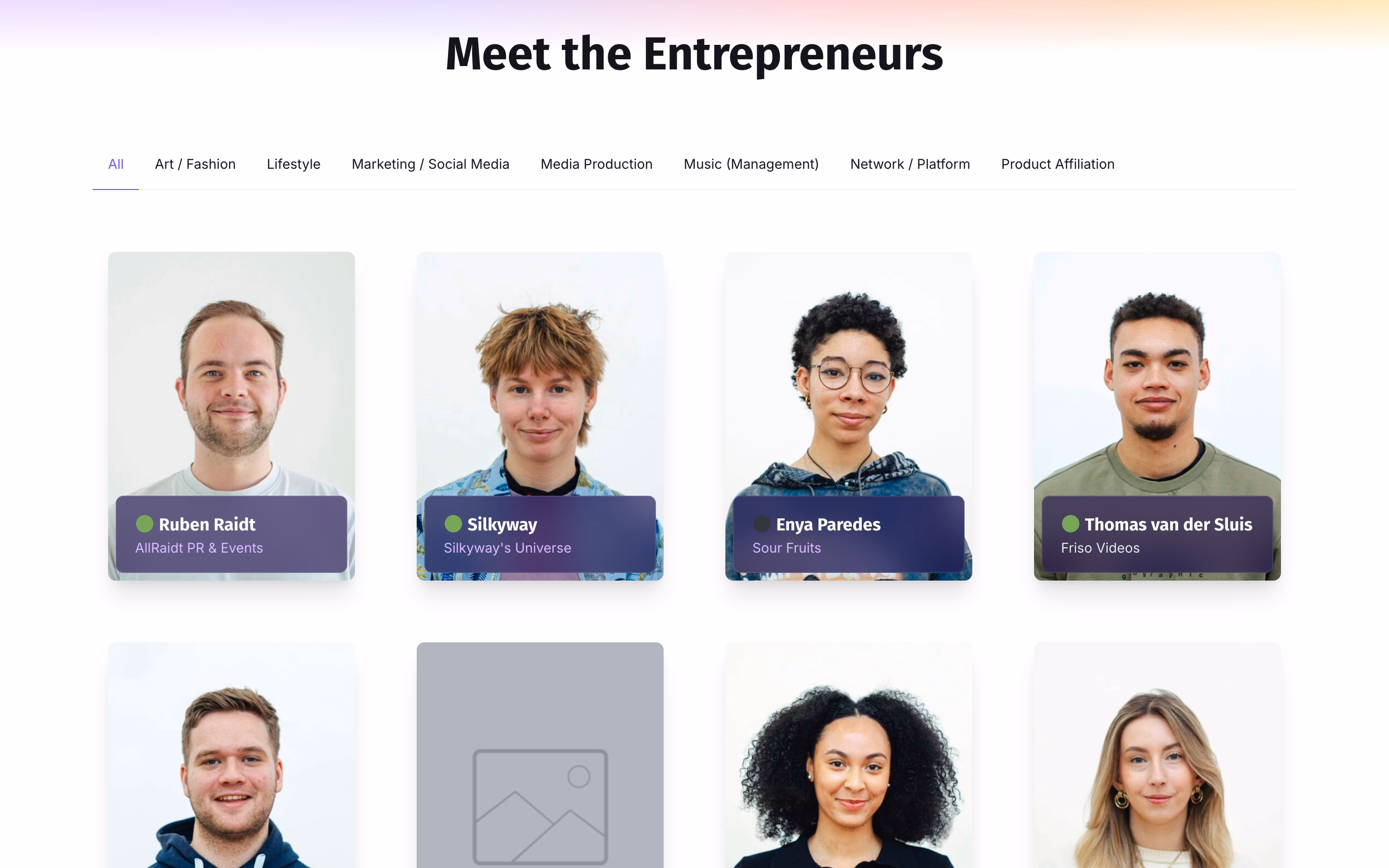 Meet the Entrepreneurs grid showing eight member businesses with category filters