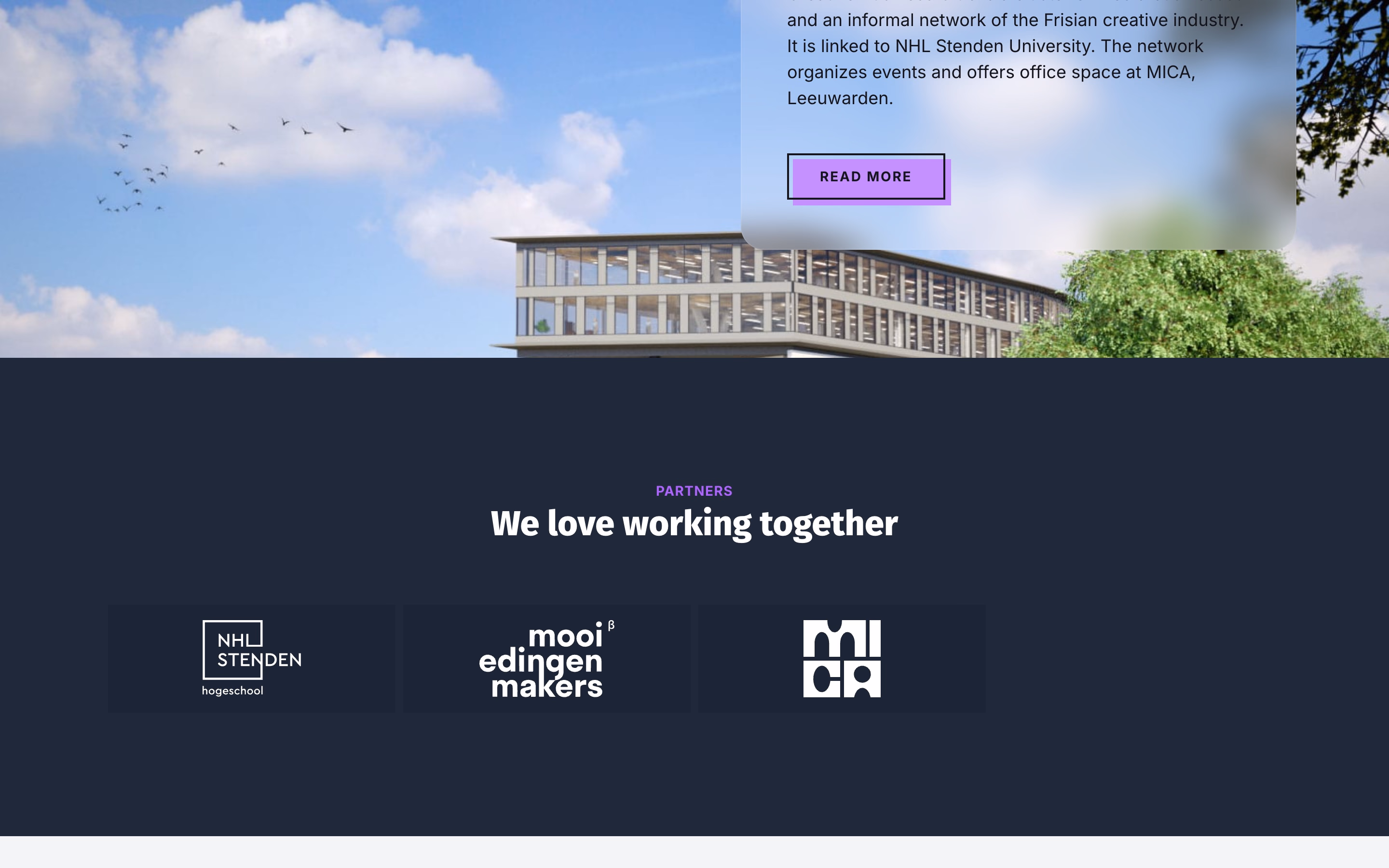 Partner logos for NHL Stenden, Mooi Edingen Makers, and MICA on a dark background