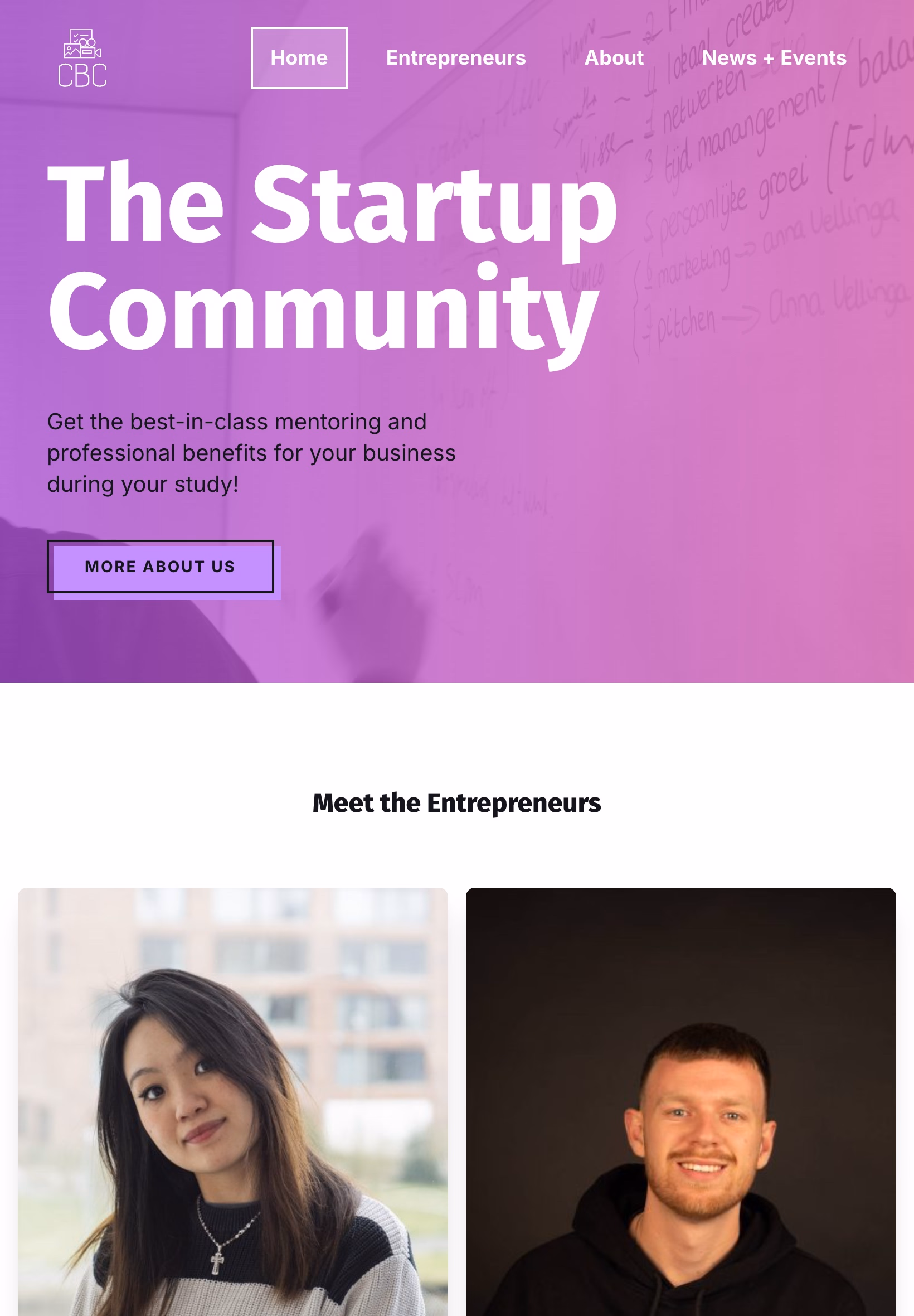 Creative Business Club homepage on a tablet viewport with a two-column entrepreneur grid