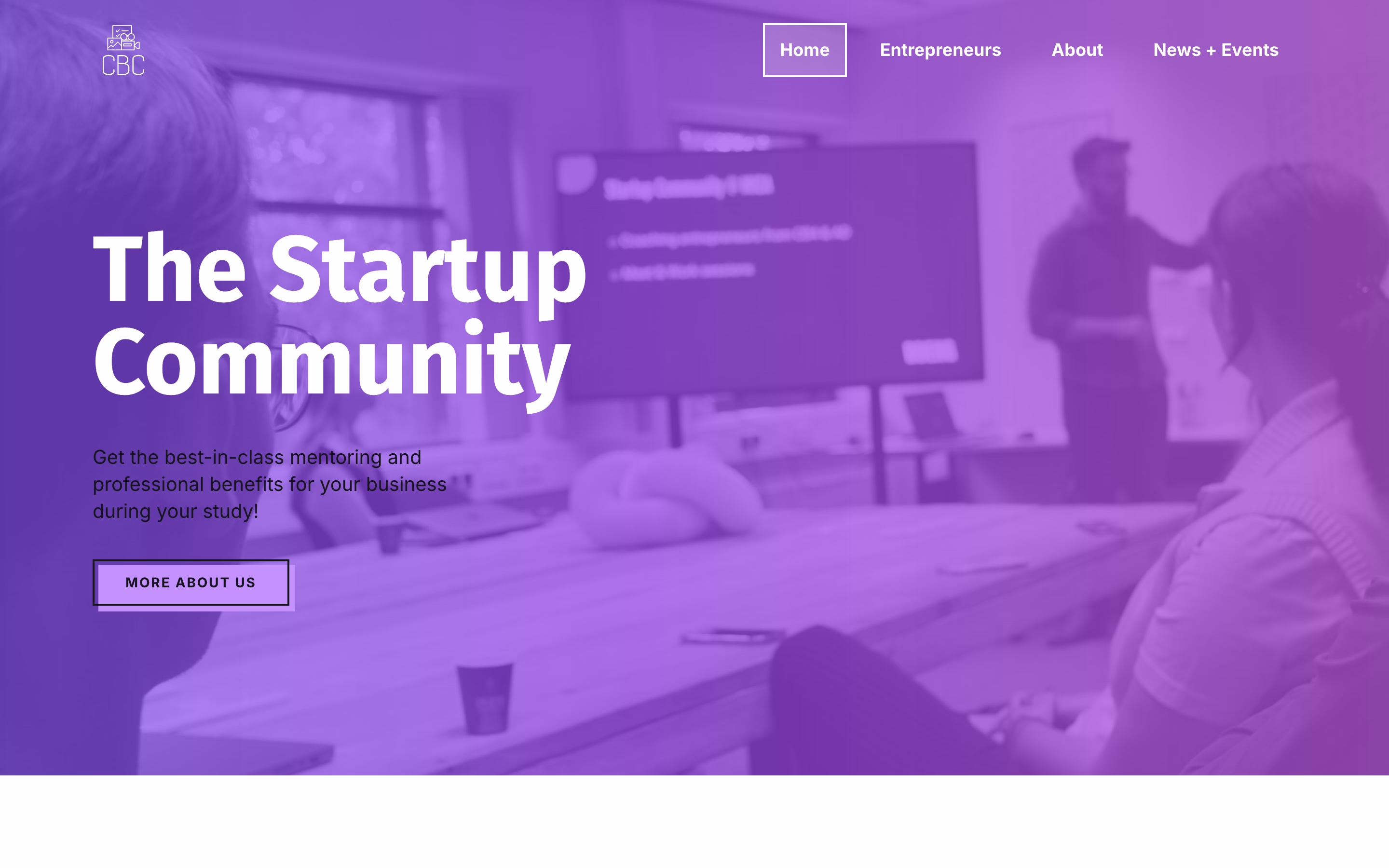 Creative Business Club homepage with a purple duotone hero image and "The Startup Community" headline