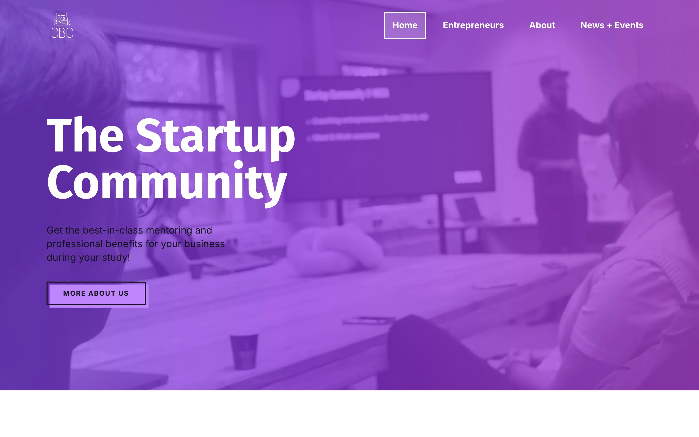Creative Business Club homepage with a purple duotone hero image and "The Startup Community" headline