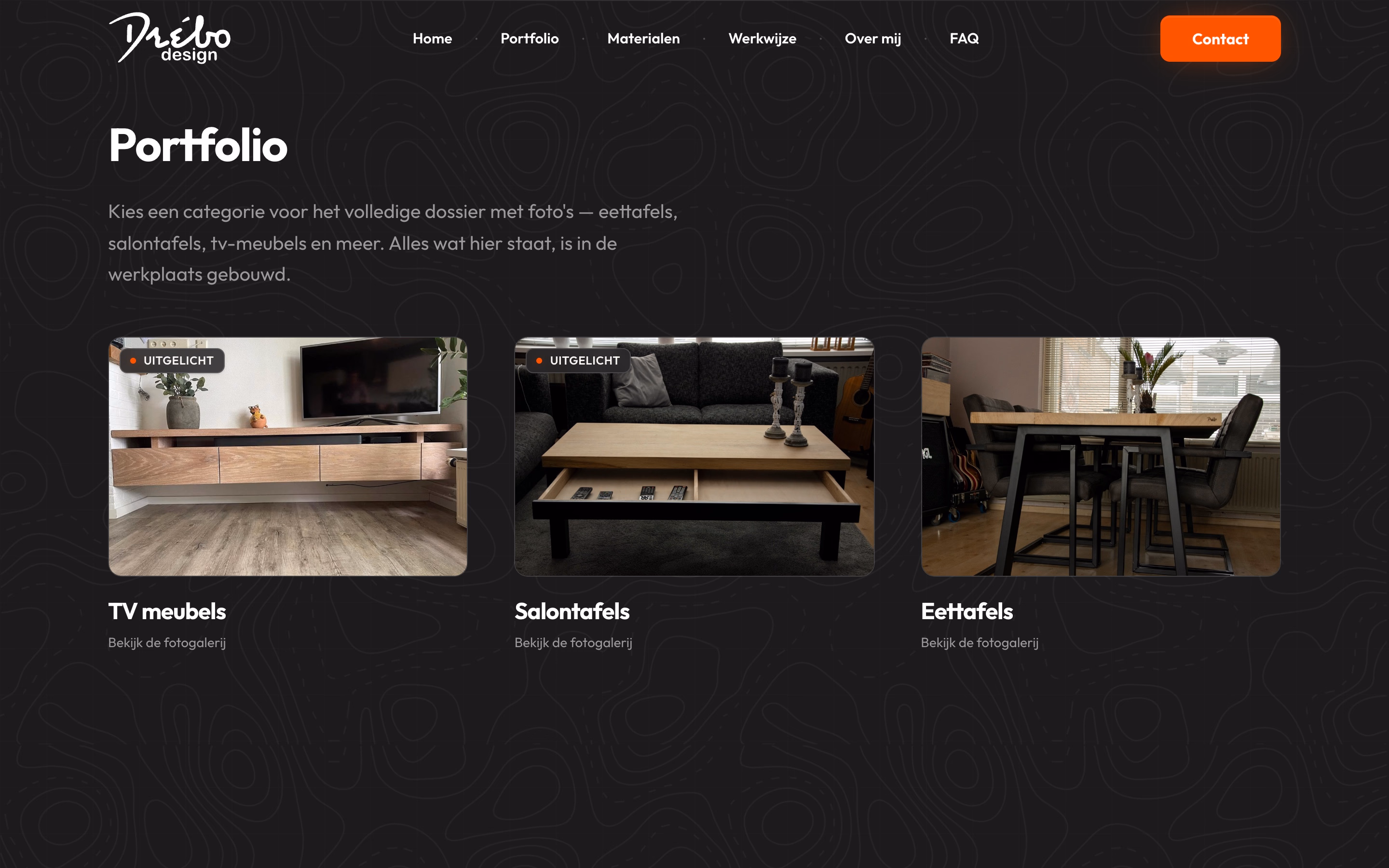 Drébo Design portfolio overview, split into three furniture categories