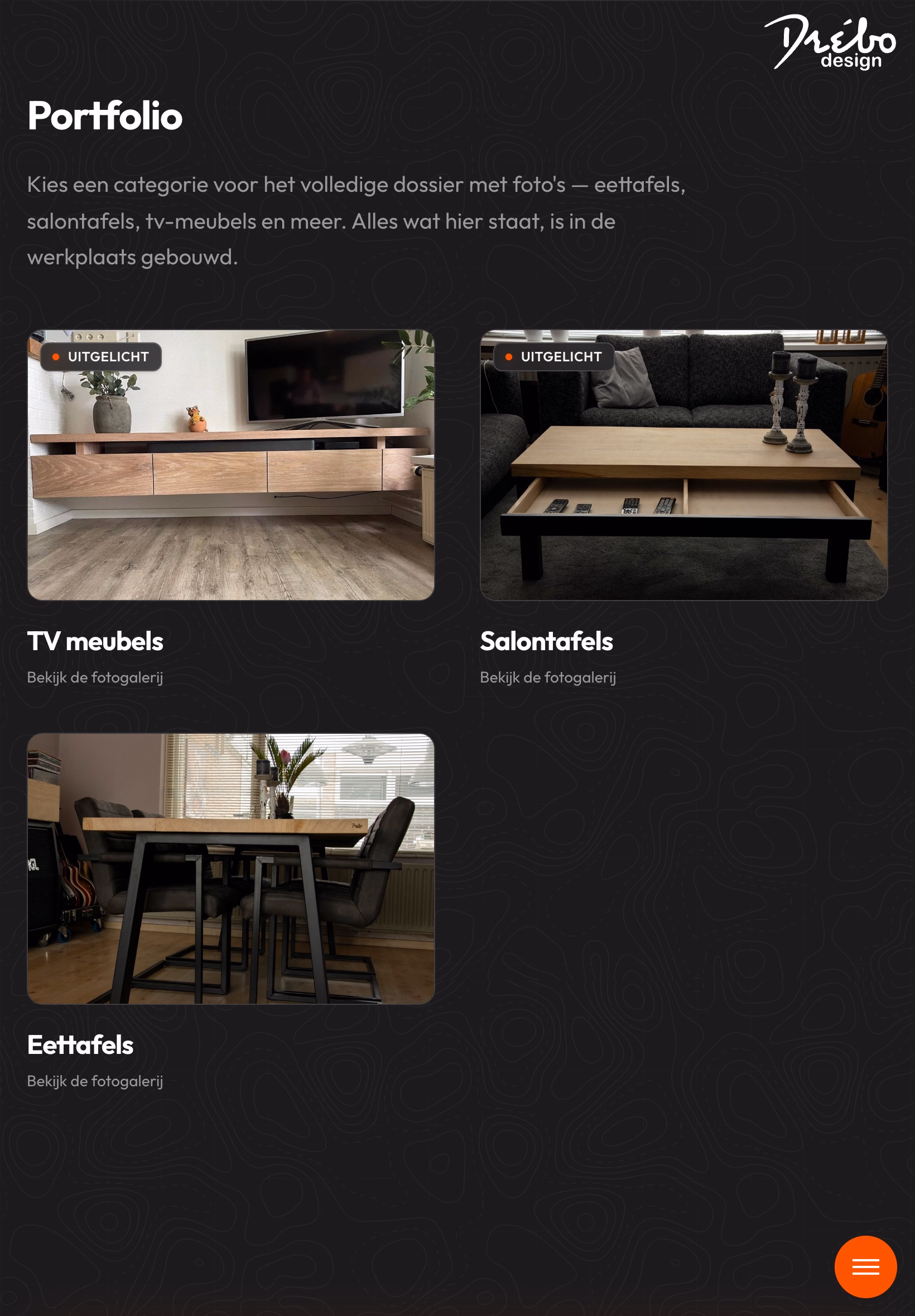 Drébo Design portfolio page on a tablet viewport, with collapsed navigation
