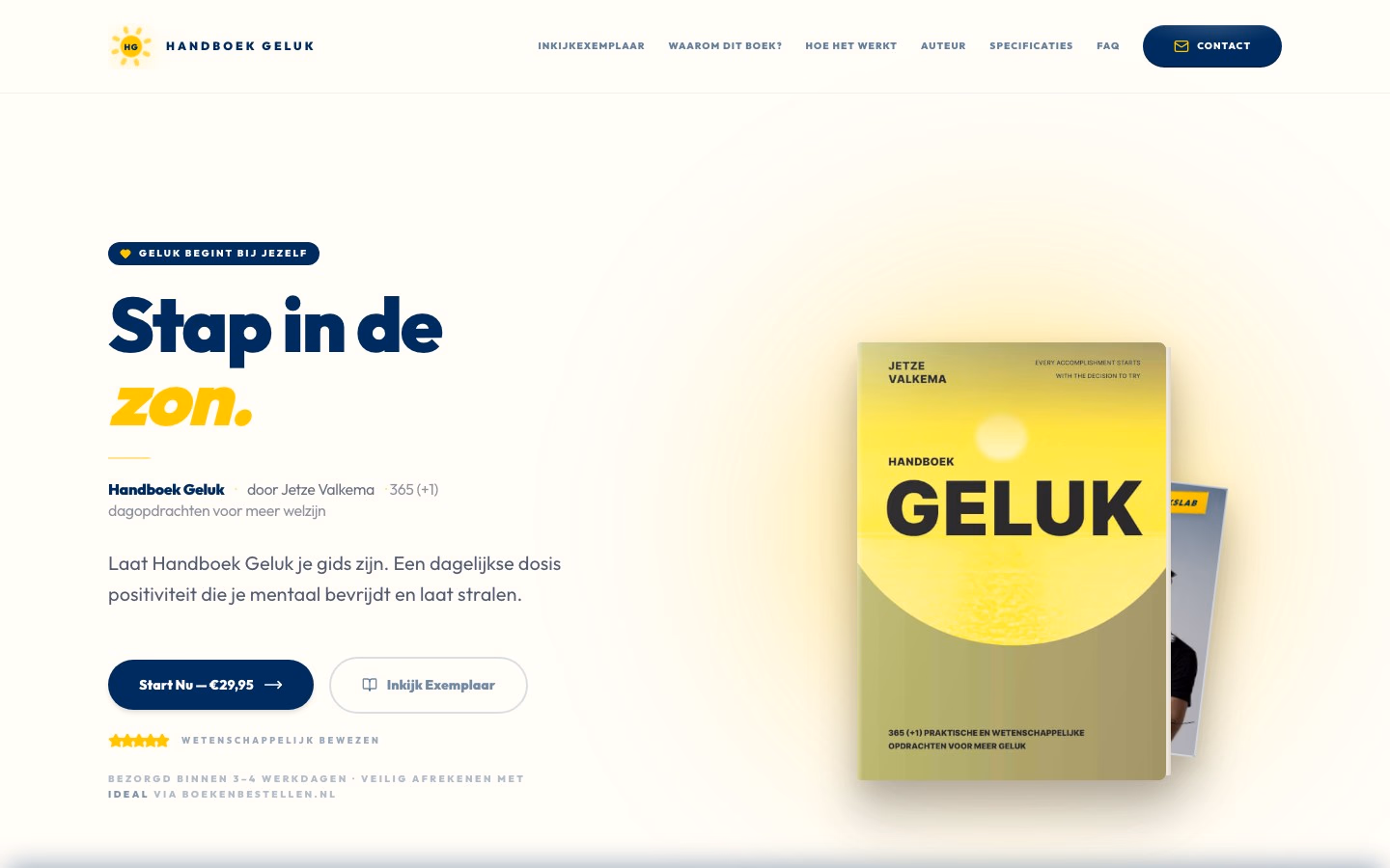 Handboek Geluk homepage showing the title 'Handboek Geluk — 365+1 Opdrachten voor meer geluk' with a clean, minimalist design featuring a serene background image.