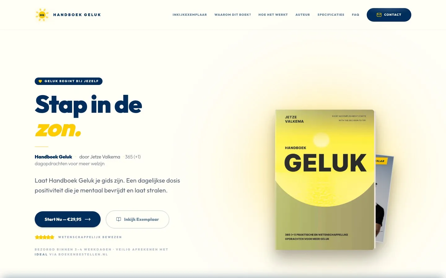 Handboek Geluk homepage showing the title 'Handboek Geluk — 365+1 Opdrachten voor meer geluk' with a clean, minimalist design featuring a serene background image.