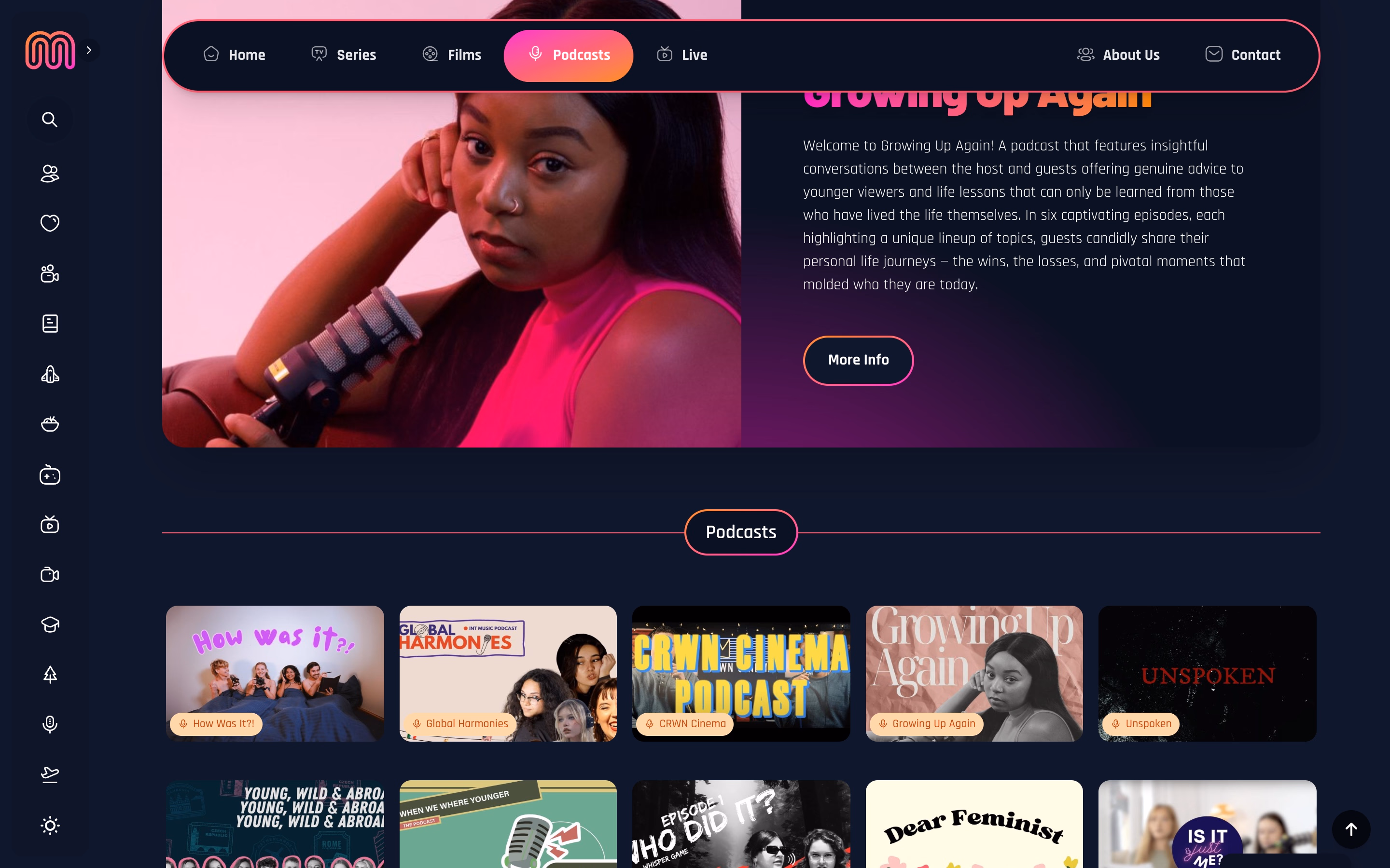 Matters Podcasts page with a featured episode and podcast grid