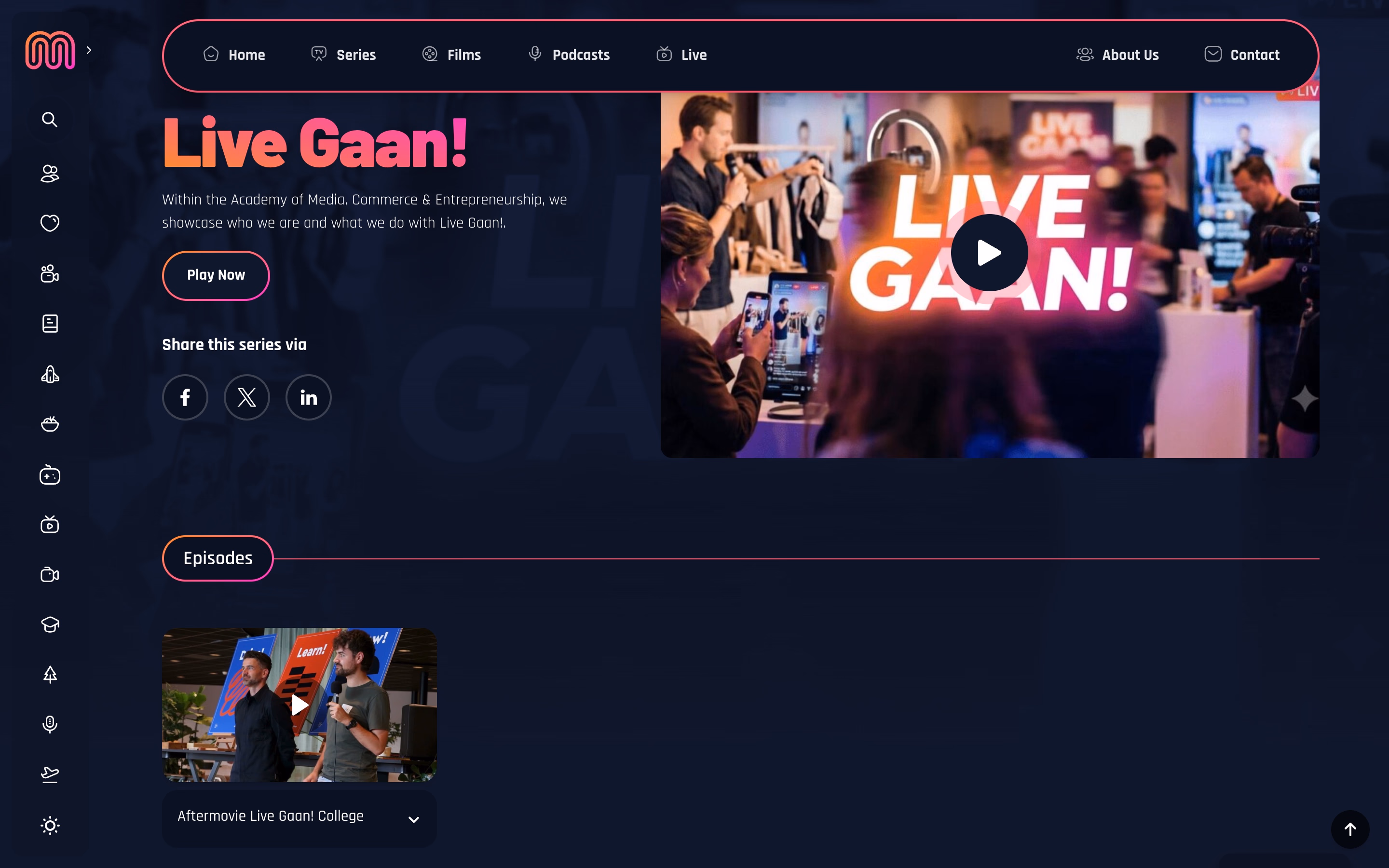 Matters "Live Gaan!" show page with video player and episode list
