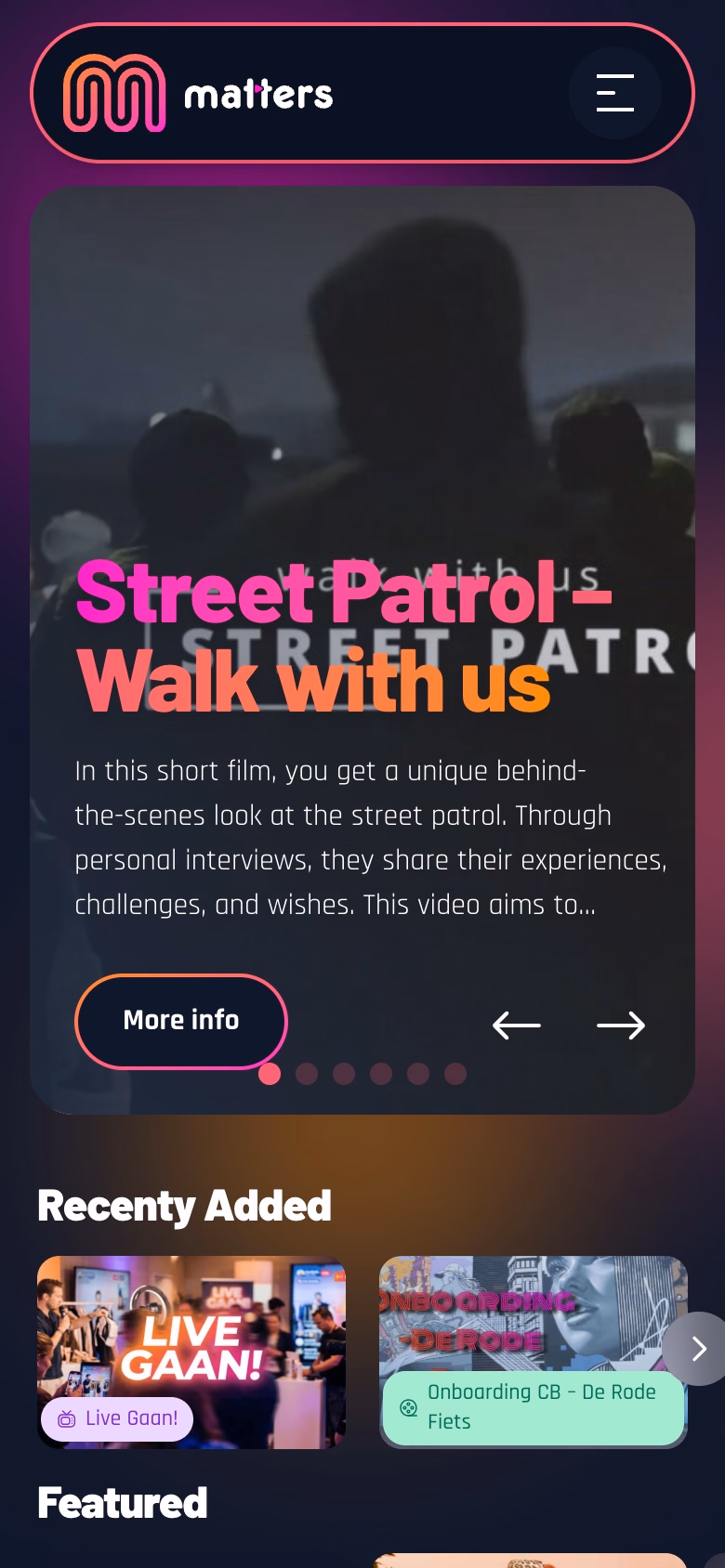 Matters homepage on a mobile viewport