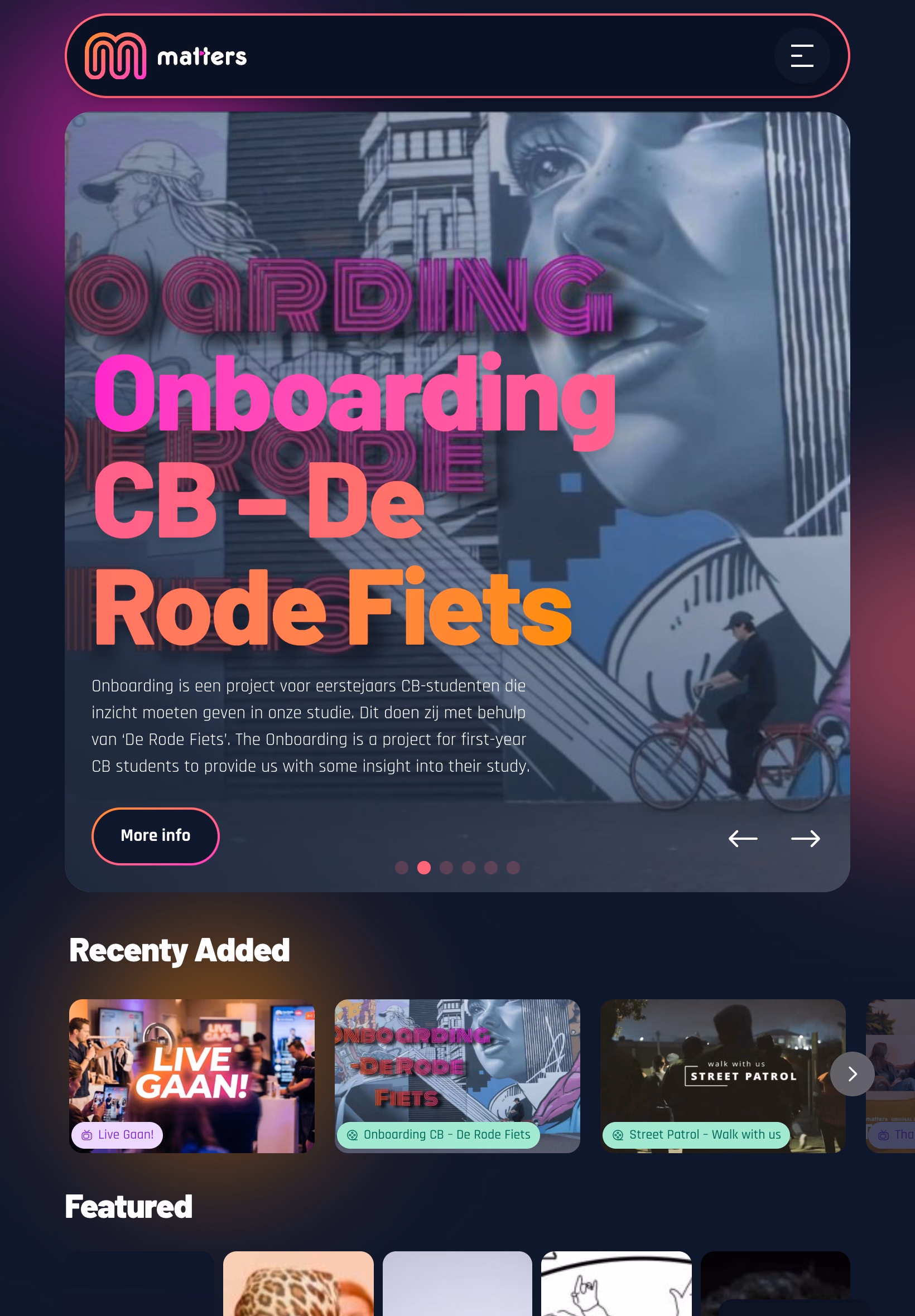 Matters homepage on a tablet viewport with collapsed navigation