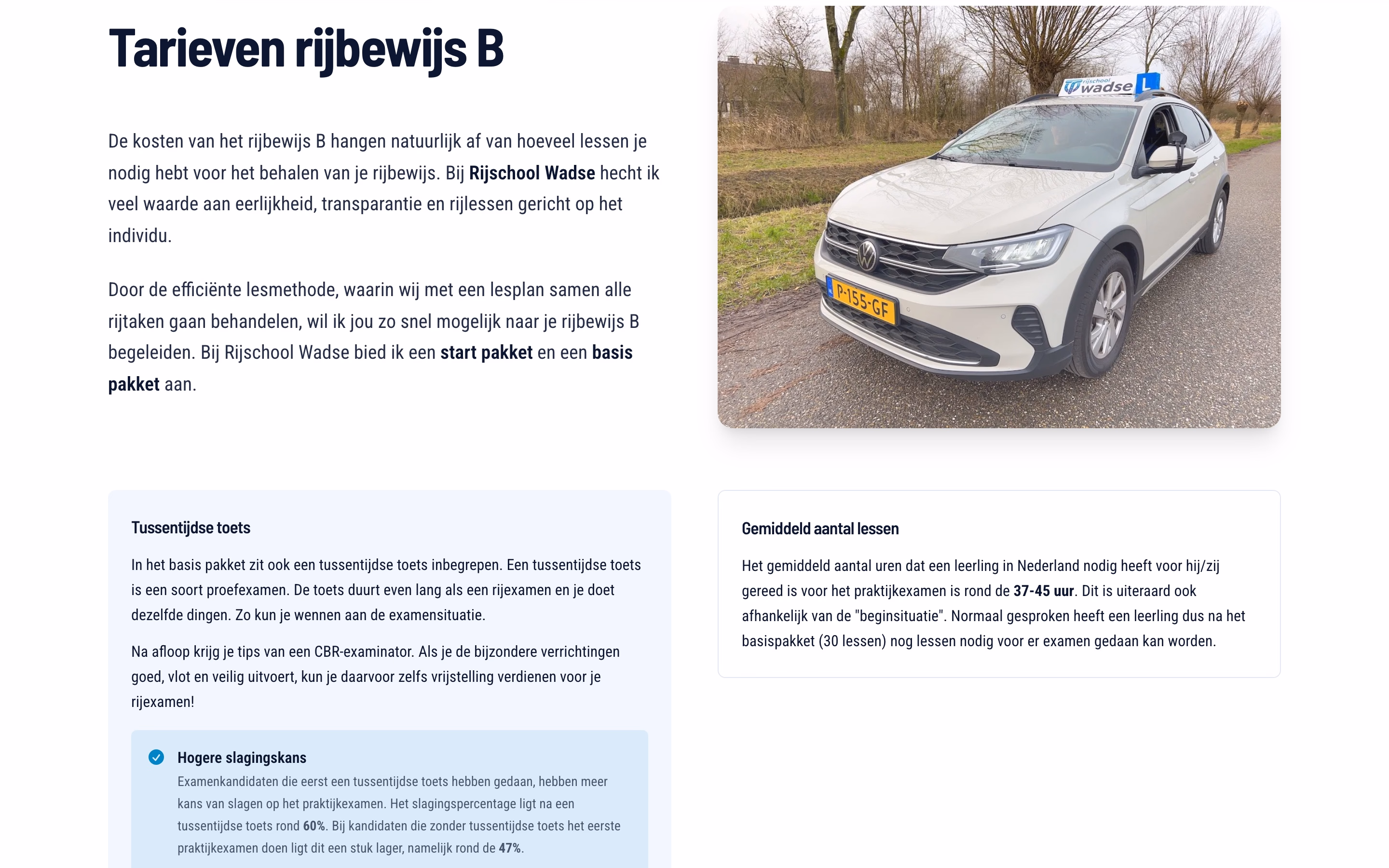 Rijschool Wadse pricing page showing package info and lesson car photo