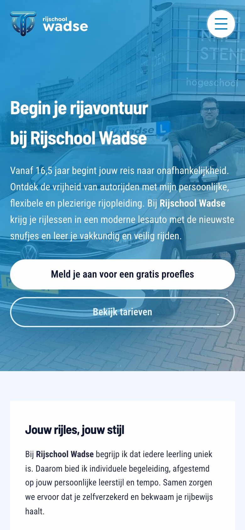 Rijschool Wadse homepage on a mobile viewport
