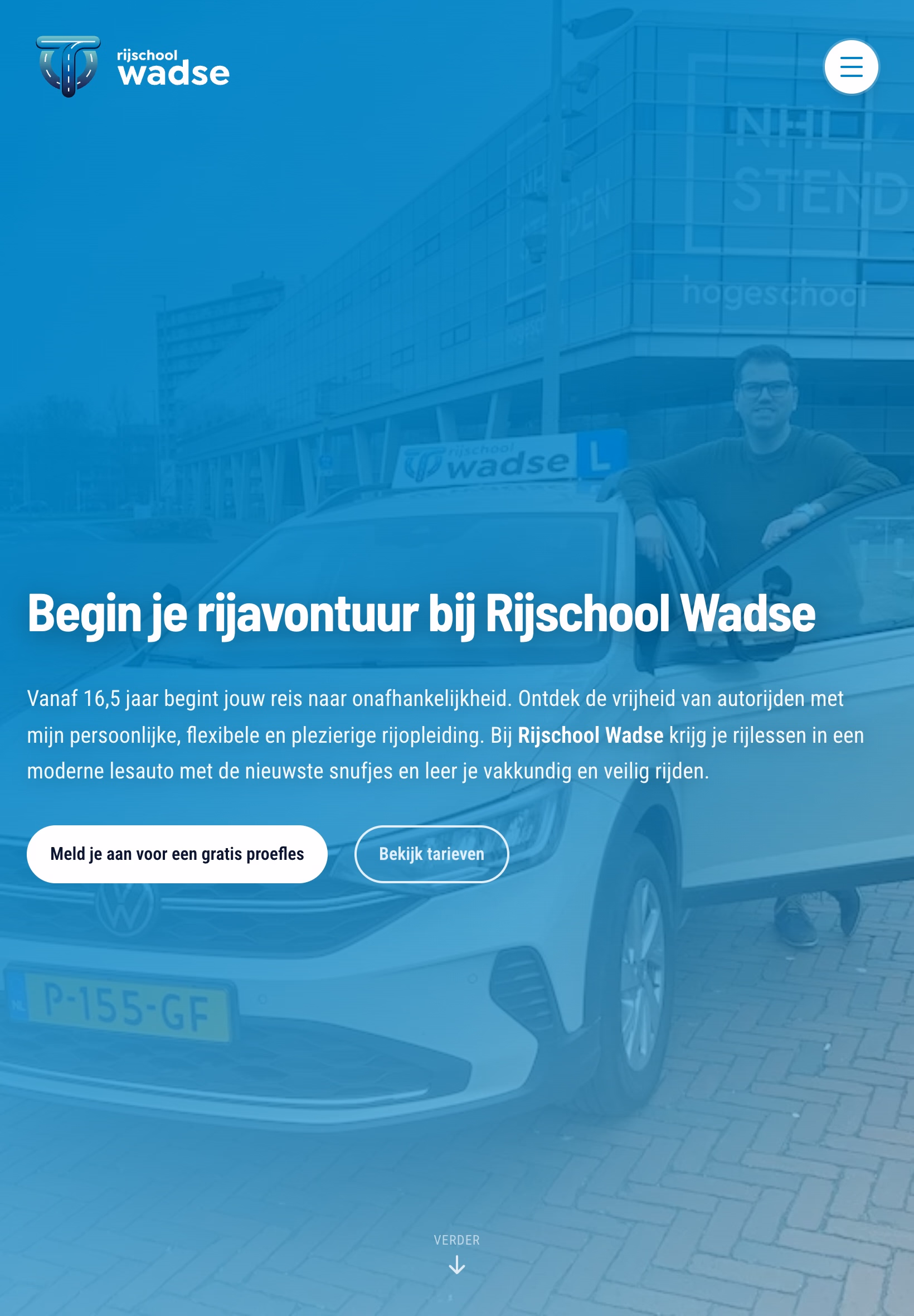 Rijschool Wadse homepage on a tablet viewport with collapsed menu icon