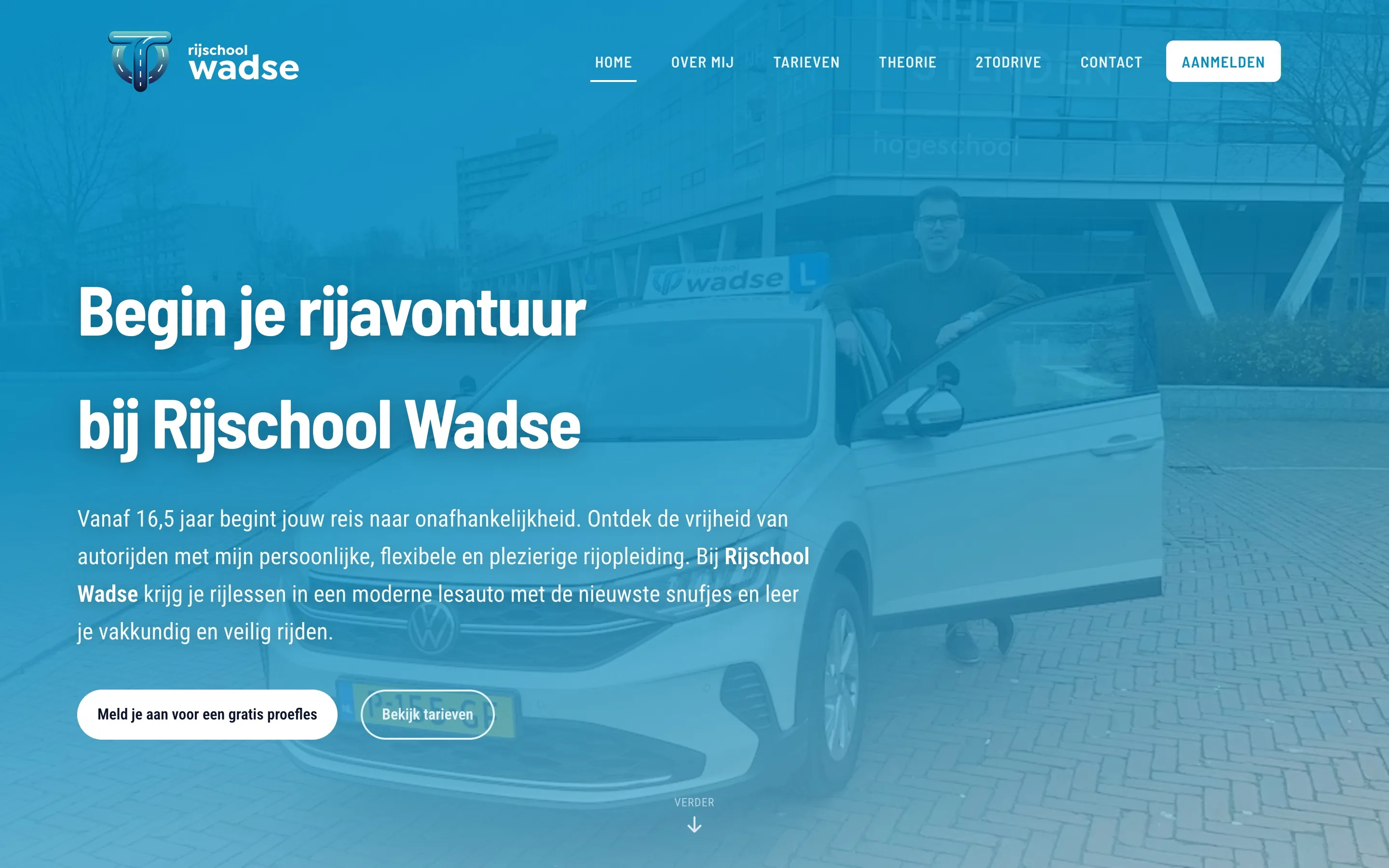 Homepage hero of Rijschool Wadse with instructor Wadse Temme beside the lesson car