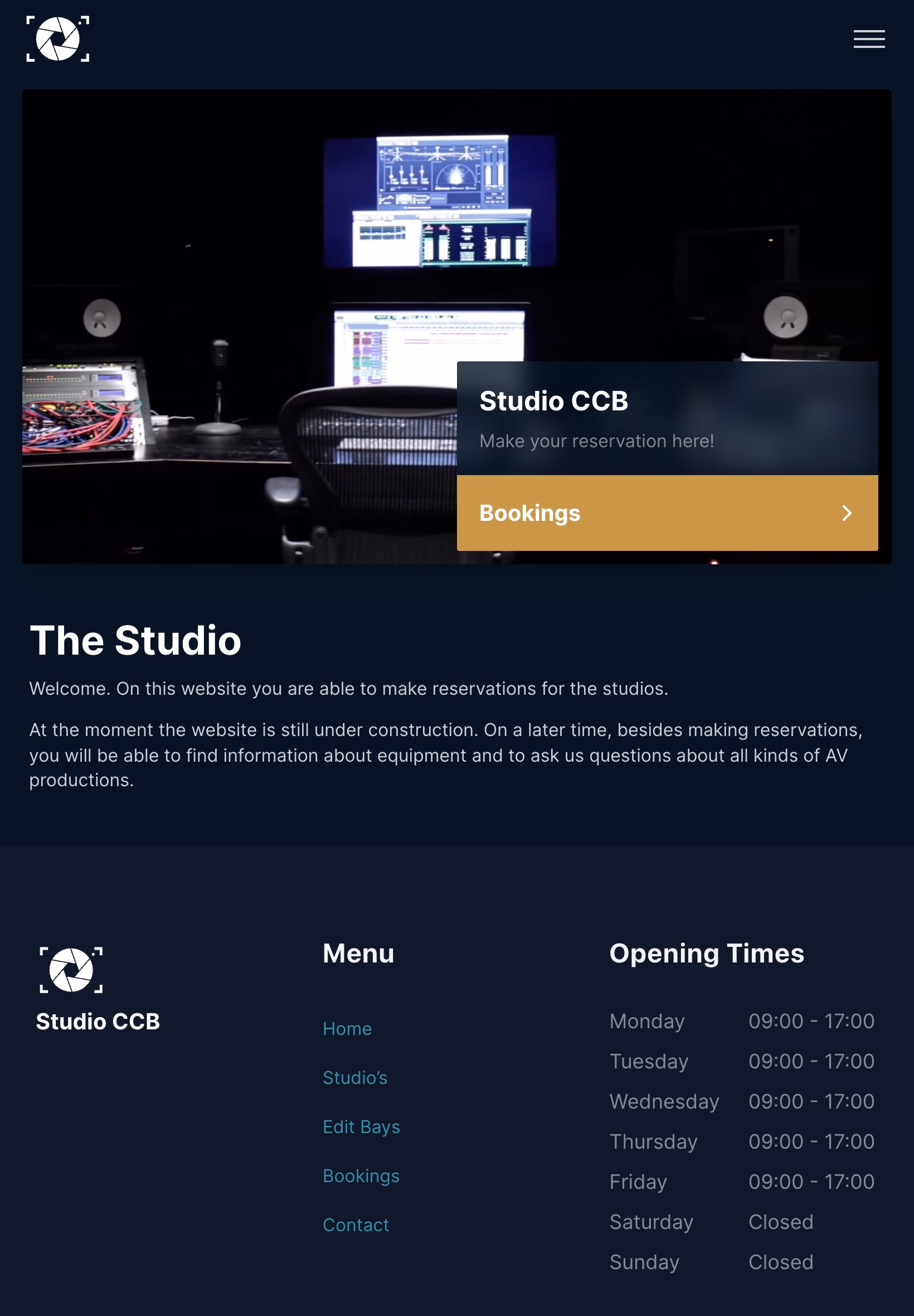Studio CCB homepage on a tablet viewport with collapsed navigation